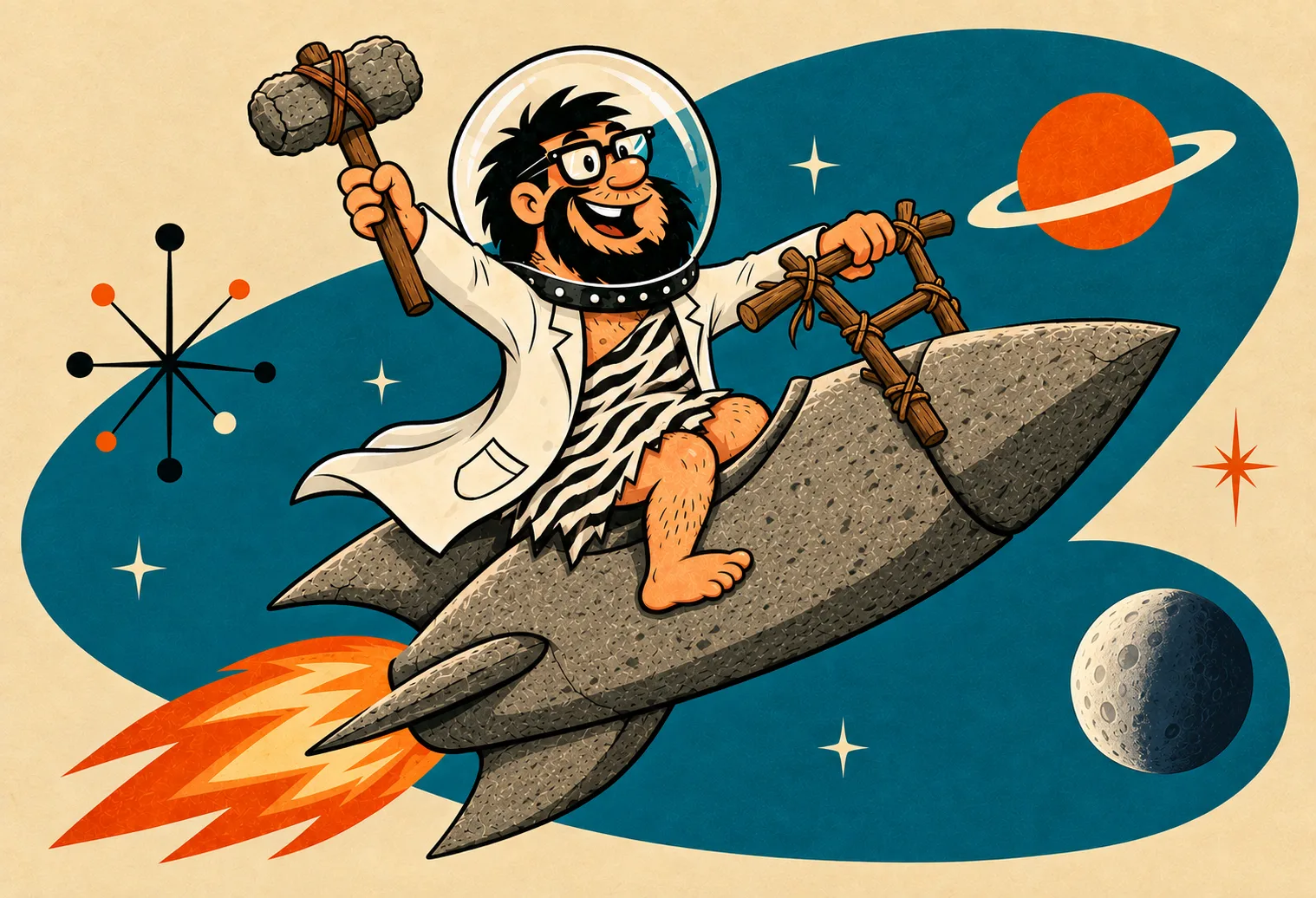 Caveman scientist riding a stone rocket through space, holding a club — Caveman Dynamics logo art
